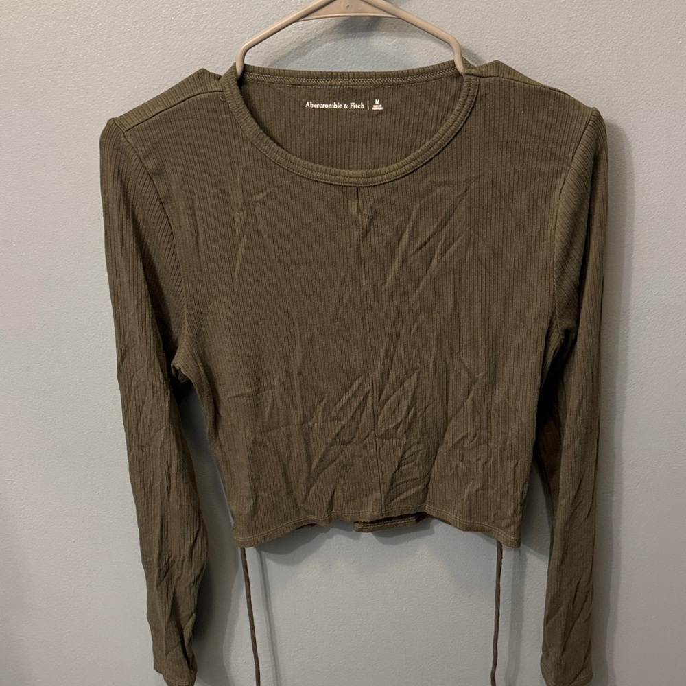 Abercrombie & Fitch Olive Green Long-Sleeve Ribbed Crop Top